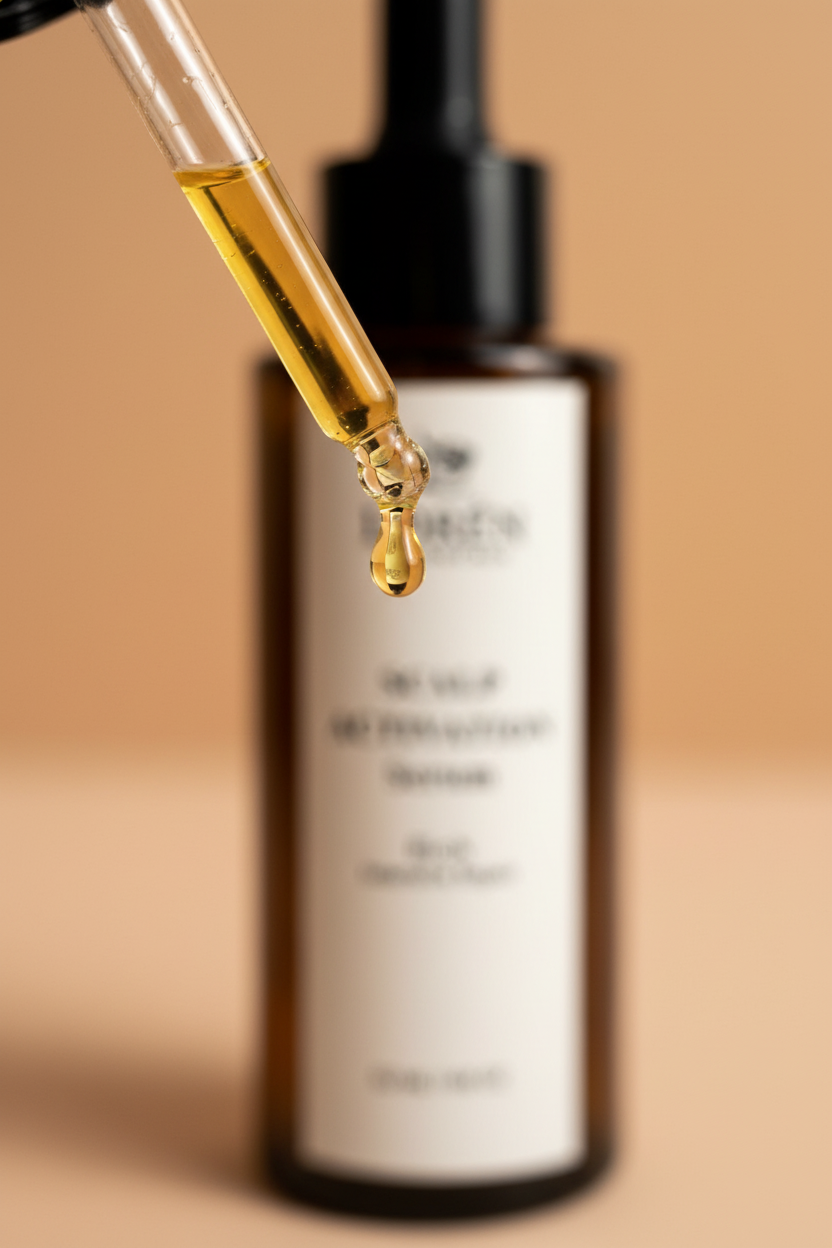 Pipette Makro mit goldenem Öl